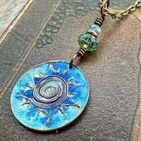 Celtic Sun Spiral Necklace, Copper Patina Pendant, Czech Glass Beads, Irish Celtic Spirals, Colorful Sun, Pagan Celtic Witch, Sun Goddess