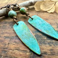 Verdigris Earrings, Copper Patina, Dagger Dangle, Turquoise Beads, Boho Hippie Style, Blue Green Earthy, Soul Harbor Jewelry, Earth Witch
