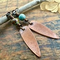 Verdigris Earrings, Copper Patina, Dagger Dangle, Turquoise Beads, Boho Hippie Style, Blue Green Earthy, Soul Harbor Jewelry, Earth Witch