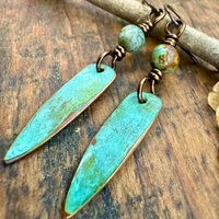 Verdigris Earrings, Copper Patina, Dagger Dangle, Turquoise Beads, Boho Hippie Style, Blue Green Earthy, Soul Harbor Jewelry, Earth Witch