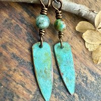 Verdigris Earrings, Copper Patina, Dagger Dangle, Turquoise Beads, Boho Hippie Style, Blue Green Earthy, Soul Harbor Jewelry, Earth Witch