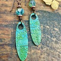 Tribal Verdigris Earrings, Copper Patina, Czech Glass Beads, Boho Hippie Dangles, Green Witch, Blue Green Earthy, Soul Harbor Jewelry