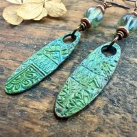 Tribal Verdigris Earrings, Copper Patina, Czech Glass Beads, Boho Hippie Dangles, Green Witch, Blue Green Earthy, Soul Harbor Jewelry