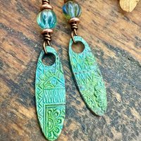 Tribal Verdigris Earrings, Copper Patina, Czech Glass Beads, Boho Hippie Dangles, Green Witch, Blue Green Earthy, Soul Harbor Jewelry