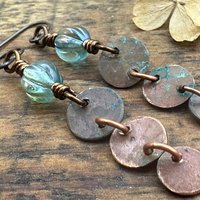 Copper Dangle Earrings, Patina Color, Czech Glass Beads, Hypoallergenic Ear Wires, Earthy Tribal, Boho Chic Style, Disc Drop Earrings