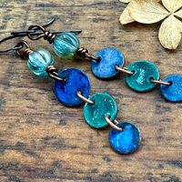 Copper Dangle Earrings, Patina Color, Czech Glass Beads, Hypoallergenic Ear Wires, Earthy Tribal, Boho Chic Style, Disc Drop Earrings