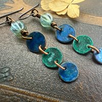 Copper Dangle Earrings, Patina Color, Czech Glass Beads, Hypoallergenic Ear Wires, Earthy Tribal, Boho Chic Style, Disc Drop Earrings