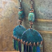 Chandelier Dangle Earrings, Copper & Colorful Patina, African Turquoise Beads, Hypoallergenic Ear Wire, Earthy Rustic, Bohemian, Art Jewelry
