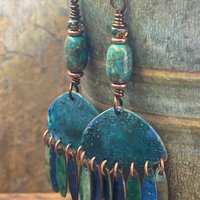 Chandelier Dangle Earrings, Copper & Colorful Patina, African Turquoise Beads, Hypoallergenic Ear Wire, Earthy Rustic, Bohemian, Art Jewelry