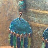 Chandelier Dangle Earrings, Copper & Colorful Patina, African Turquoise Beads, Hypoallergenic Ear Wire, Earthy Rustic, Bohemian, Art Jewelry