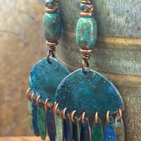 Chandelier Dangle Earrings, Copper & Colorful Patina, African Turquoise Beads, Hypoallergenic Ear Wire, Earthy Rustic, Bohemian, Art Jewelry