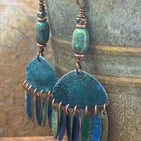 Chandelier Dangle Earrings, Copper & Colorful Patina, African Turquoise Beads, Hypoallergenic Ear Wire, Earthy Rustic, Bohemian, Art Jewelry