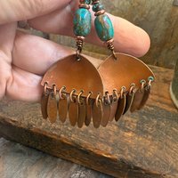Chandelier Dangle Earrings, Copper & Colorful Patina, African Turquoise Beads, Hypoallergenic Ear Wire, Earthy Rustic, Bohemian, Art Jewelry