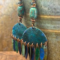 Chandelier Dangle Earrings, Copper & Colorful Patina, African Turquoise Beads, Hypoallergenic Ear Wire, Earthy Rustic, Bohemian, Art Jewelry
