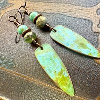 Verdigris Earrings, Copper Patina, Dagger Dangle, Turquoise Beads, Boho Hippie Style, Blue Green Earthy, Soul Harbor Jewelry, Earth Witch