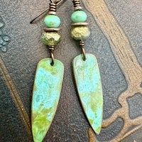 Verdigris Earrings, Copper Patina, Dagger Dangle, Turquoise Beads, Boho Hippie Style, Blue Green Earthy, Soul Harbor Jewelry, Earth Witch