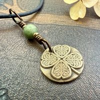 Four Leaf Clover Heart, Bronze Wax Seal Charm, Connemara Marble, Irish Celtic Jewelry, 4 Leaf Clover, Lucky Love Charm, Leather & Vegan Cord