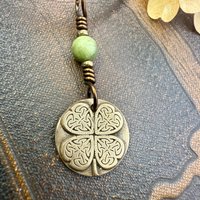 Four Leaf Clover Heart, Bronze Wax Seal Charm, Connemara Marble, Irish Celtic Jewelry, 4 Leaf Clover, Lucky Love Charm, Leather & Vegan Cord