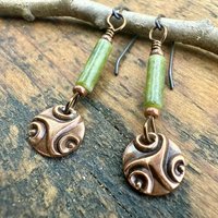 Triskele Copper Earrings, Triple Spirals, Triskelion, Connemara Marble, Irish Celtic Jewelry, Copper Disc Earrings, Hypoallergenic Earrings