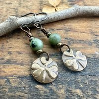 Shamrock Bronze Earrings, Connemara Marble Beads, Irish Celtic Jewelry, Holy Trinity, St Patrick's Day, Tiny Disc, Light Everyday Earrings