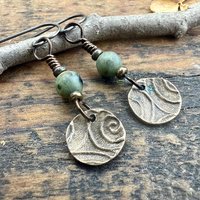 Shamrock Bronze Earrings, Connemara Marble Beads, Irish Celtic Jewelry, Holy Trinity, St Patrick's Day, Tiny Disc, Light Everyday Earrings