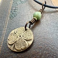 Four Leaf Clover Heart, Bronze Wax Seal Charm, Connemara Marble, Irish Celtic Jewelry, 4 Leaf Clover, Lucky Love Charm, Leather & Vegan Cord