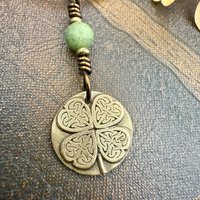 Four Leaf Clover Heart, Bronze Wax Seal Charm, Connemara Marble, Irish Celtic Jewelry, 4 Leaf Clover, Lucky Love Charm, Leather & Vegan Cord