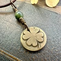 Four Leaf Clover Heart, Bronze Wax Seal Charm, Connemara Marble, Irish Celtic Jewelry, 4 Leaf Clover, Lucky Love Charm, Leather & Vegan Cord