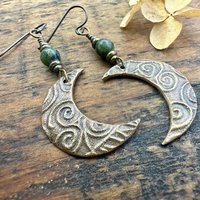 Crescent Moon Bronze Earrings, Connemara Marble Beads, Celtic Witch, Moon Goddess, Hypoallergenic, Pagan Witchy, Everyday Earrings
