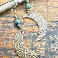 Crescent Moon Bronze Earrings, Connemara Marble Beads, Celtic Witch, Moon Goddess, Hypoallergenic, Pagan Witchy, Everyday Earrings