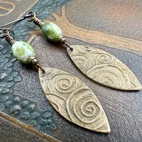 Celtic Knot Bronze Earrings, Irish Celtic Jewelry, Connemara Marble, Long Pointed Oval, Ireland, Handmade Art Jewelry, Celtic Pagan Witch