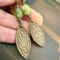Celtic Knot Bronze Earrings, Irish Celtic Jewelry, Connemara Marble, Long Pointed Oval, Ireland, Handmade Art Jewelry, Celtic Pagan Witch