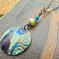 Copper Raven Pendant, Colorful Patina, Czech Glass Beads, Hand Carved, Irish Celtic Spirals, Celtic Witch Goddess, Crow Corvid Birds, Earthy