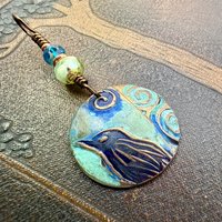 Copper Raven Pendant, Colorful Patina, Czech Glass Beads, Hand Carved, Irish Celtic Spirals, Celtic Witch Goddess, Crow Corvid Birds, Earthy