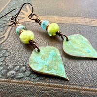 Verdigris Earrings, Copper Patina, Teardrop Dangle, Czech Glass Beads, Boho Hippie, Blue Green Earthy, Soul Harbor Jewelry, Earth Witch