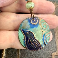 Copper Raven Pendant, Colorful Patina, Czech Glass Beads, Hand Carved, Irish Celtic Spirals, Celtic Witch Goddess, Crow Corvid Birds, Earthy