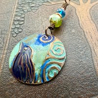 Copper Raven Pendant, Colorful Patina, Czech Glass Beads, Hand Carved, Irish Celtic Spirals, Celtic Witch Goddess, Crow Corvid Birds, Earthy