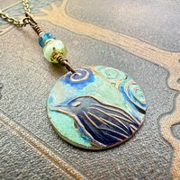 Copper Raven Pendant, Colorful Patina, Czech Glass Beads, Hand Carved, Irish Celtic Spirals, Celtic Witch Goddess, Crow Corvid Birds, Earthy