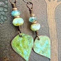 Verdigris Earrings, Copper Patina, Teardrop Dangle, Czech Glass Beads, Boho Hippie, Blue Green Earthy, Soul Harbor Jewelry, Earth Witch