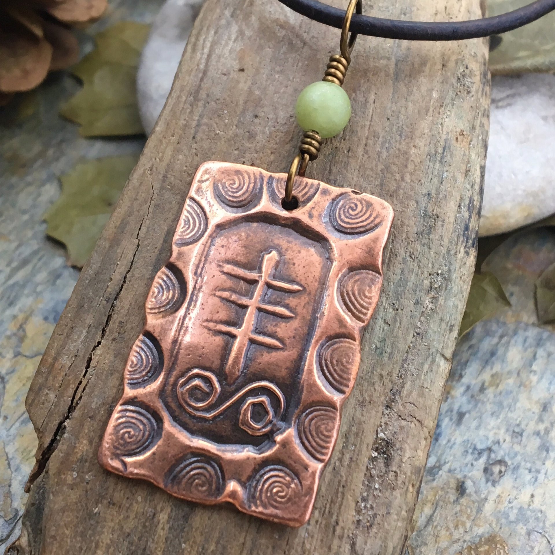 Heather Ogham Charm, Copper Pendant, Connemara Marble, Hand Carved Art, Druid Sacred Trees, Leather & Vegan Cords, Irish Celtic Spirals