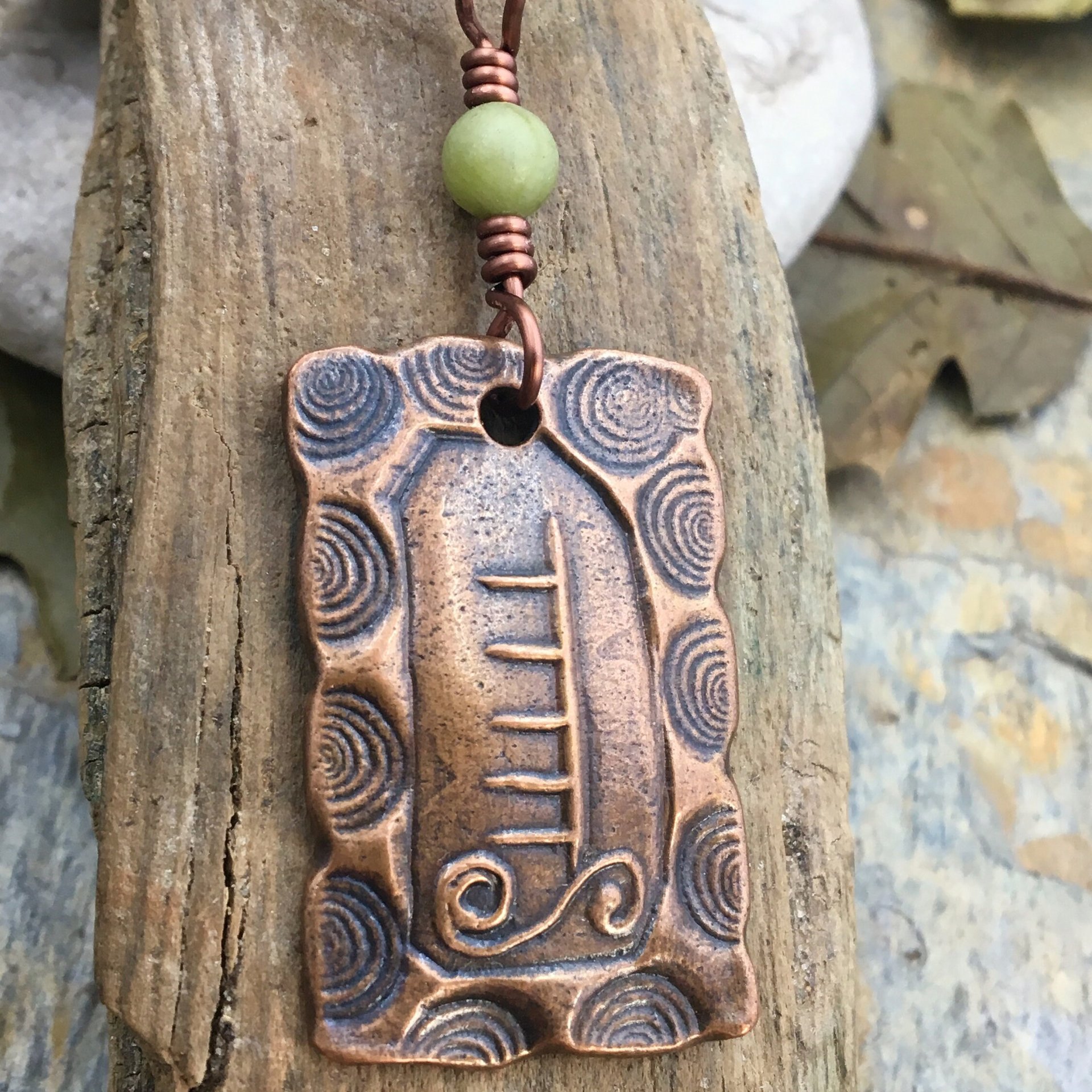 Apple Tree Ogham Charm, Copper Pendant, Connemara Marble, Hand Carved Art, Irish Celtic Spirals, Leather & Vegan Cords, Druid Pagan Trees