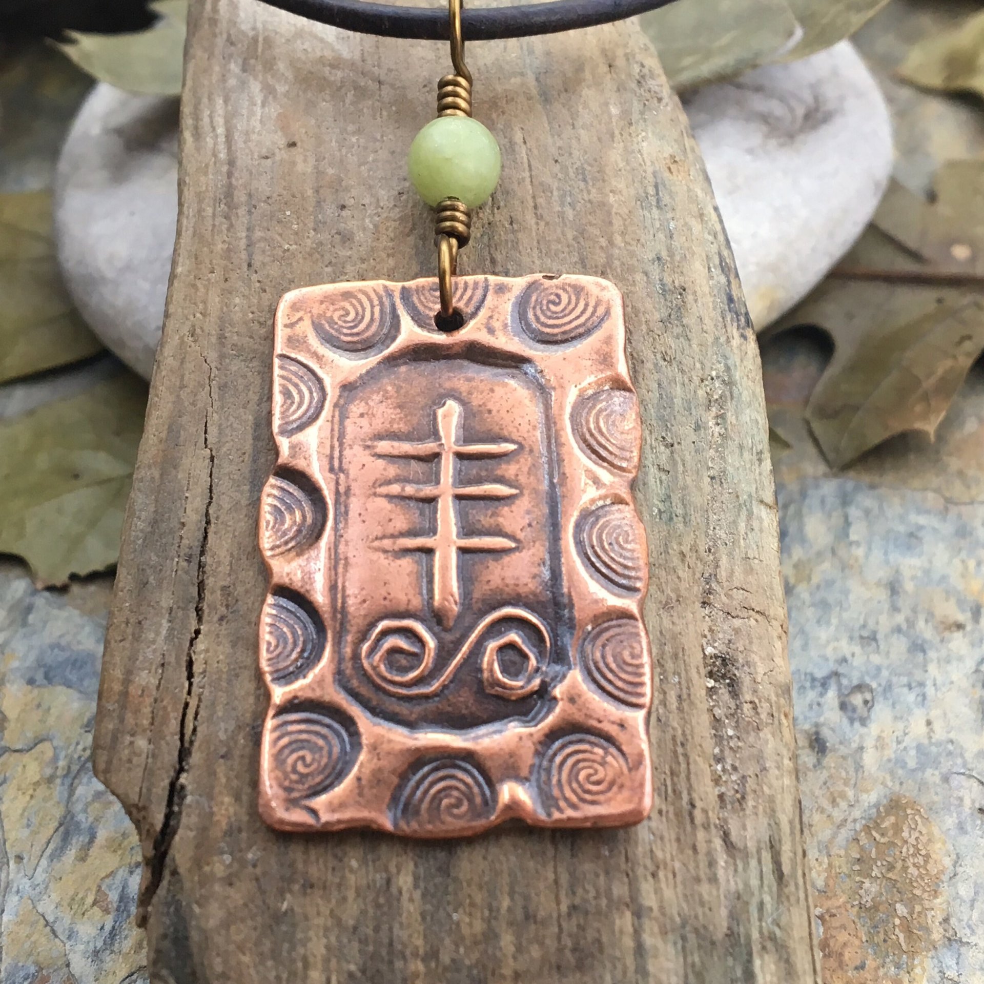 Heather Ogham Charm, Copper Pendant, Connemara Marble, Hand Carved Art, Druid Sacred Trees, Leather & Vegan Cords, Irish Celtic Spirals