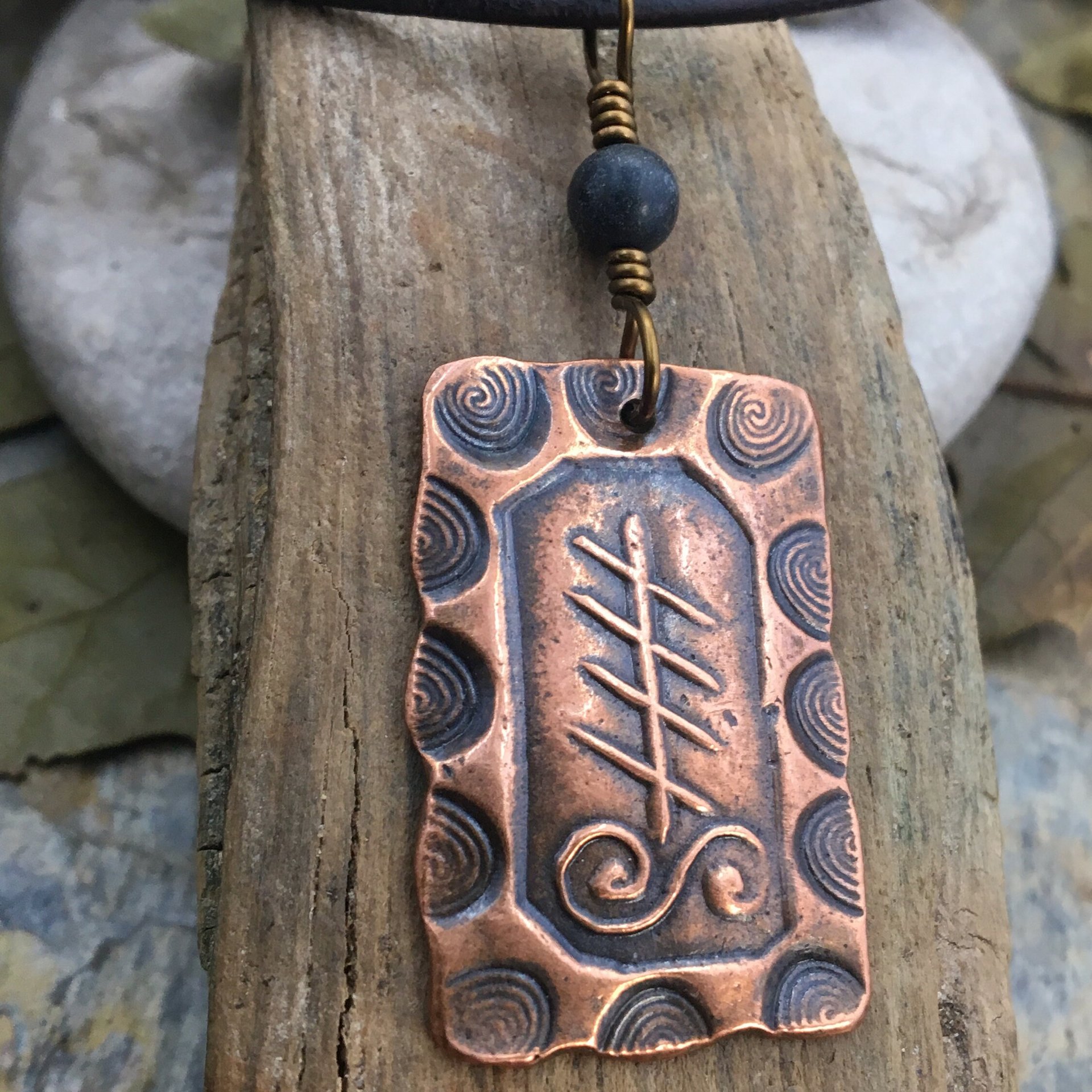 Blackthorn Ogham Charm, Copper Pendant, Celtic Trees, Connemara Marble, Hand Carved, Irish Celtic Spirals, Druid Sacred Trees, Irish Marble