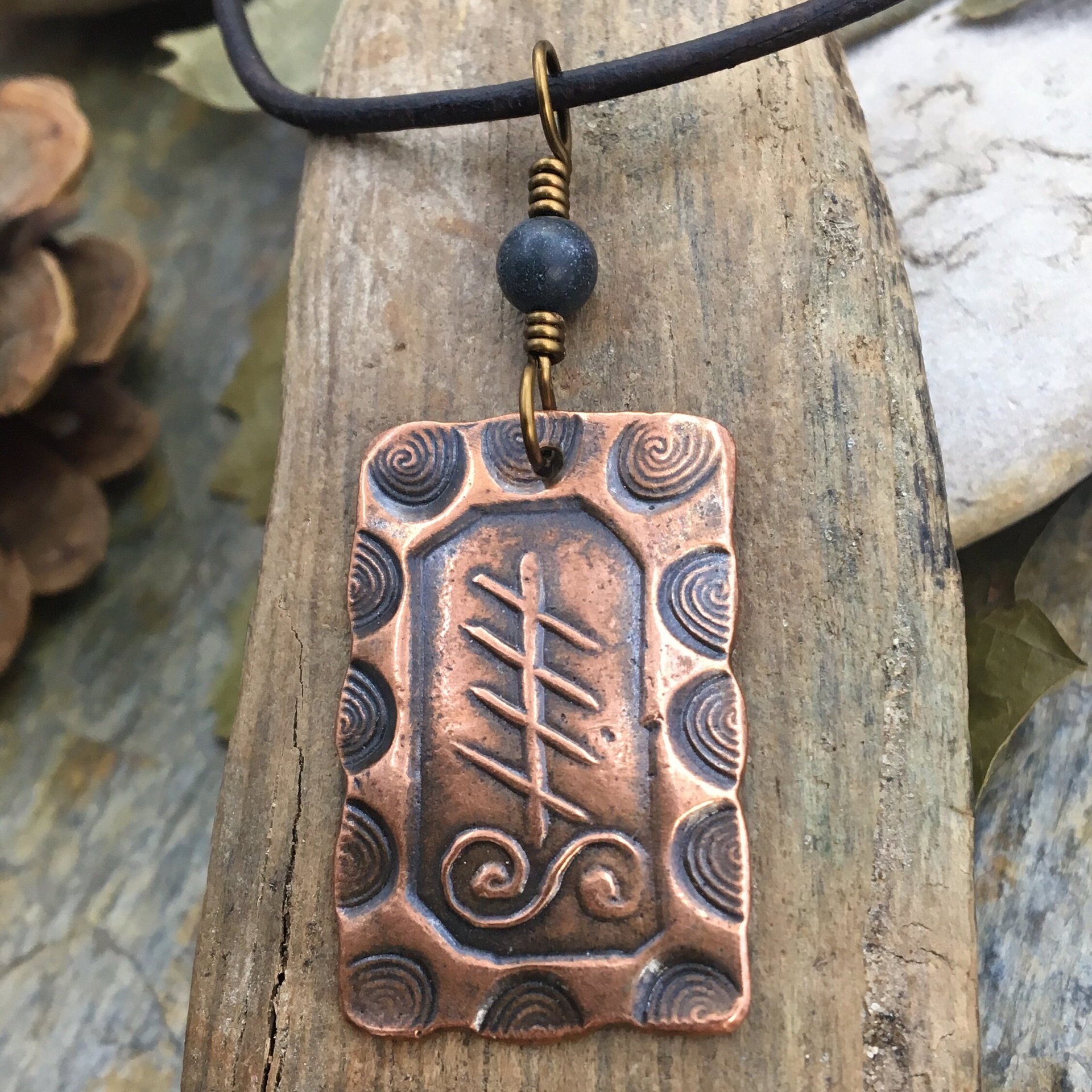 Blackthorn Ogham Charm, Copper Pendant, Celtic Trees, Connemara Marble, Hand Carved, Irish Celtic Spirals, Druid Sacred Trees, Irish Marble