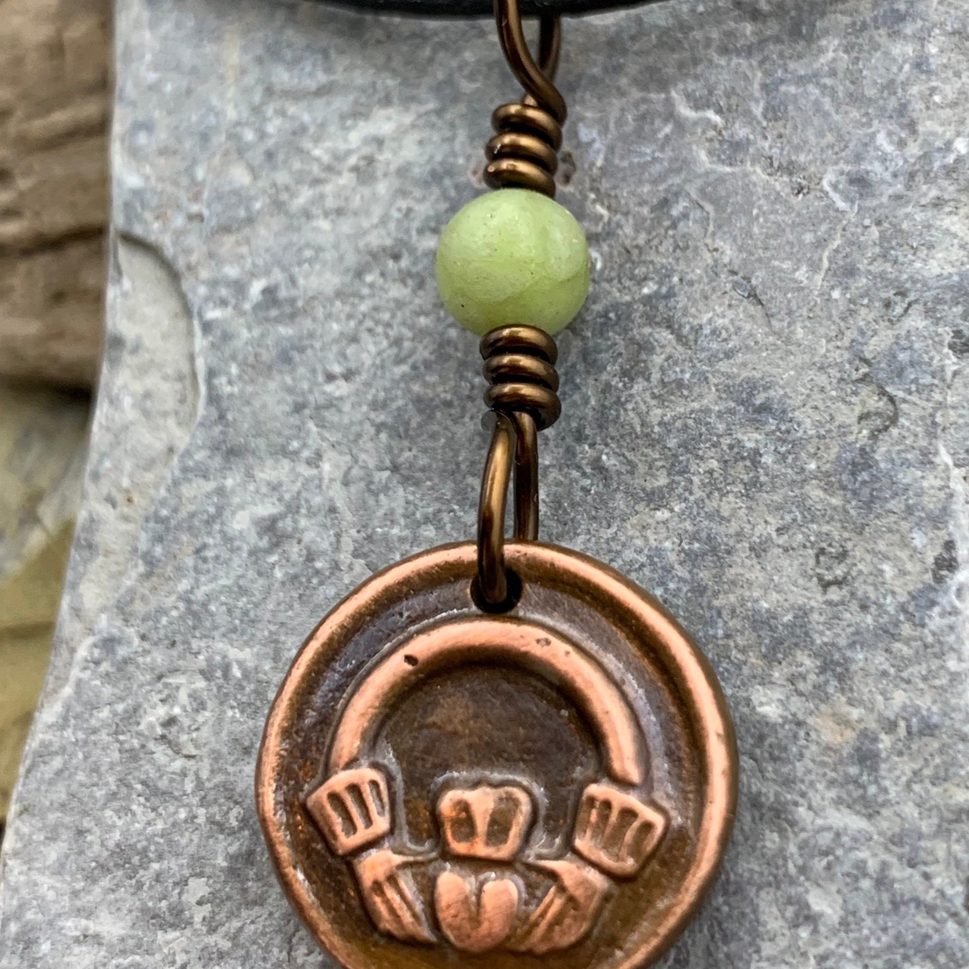 Claddagh Irish Charm, Copper Wax Seal Necklace, Connemara Marble, Irish Celtic Jewelry, Love Loyalty Friendship, Symbols of Ireland