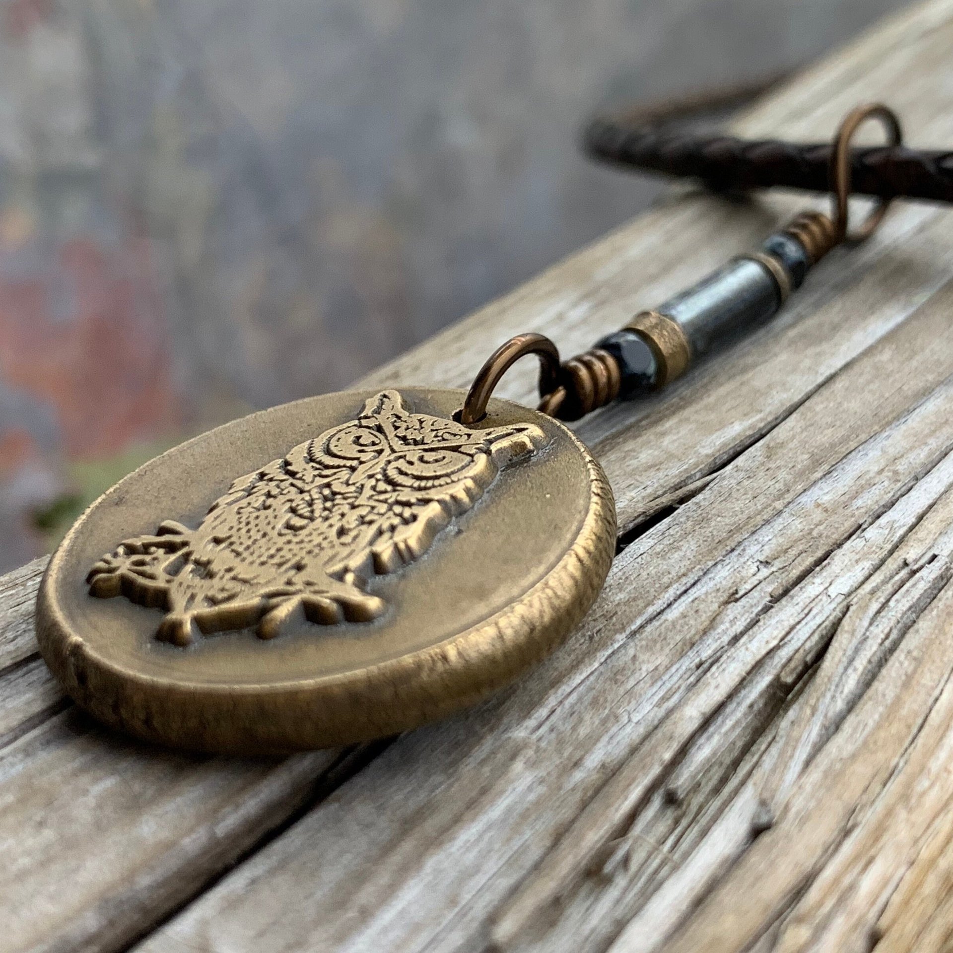 Bronze Owl Charm, Irish Celtic, Owl Witch Necklace, Celtic Hag Crone, Leather & Vegan Cords, Handmade Art Jewelry, Soul Harbor Jewelry