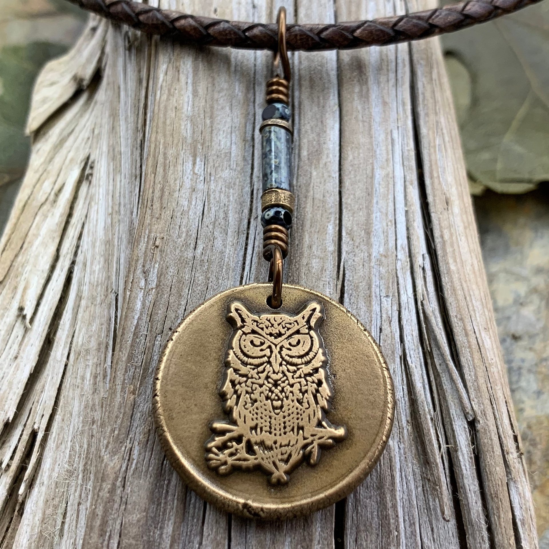 Bronze Owl Charm, Irish Celtic, Owl Witch Necklace, Celtic Hag Crone, Leather & Vegan Cords, Handmade Art Jewelry, Soul Harbor Jewelry