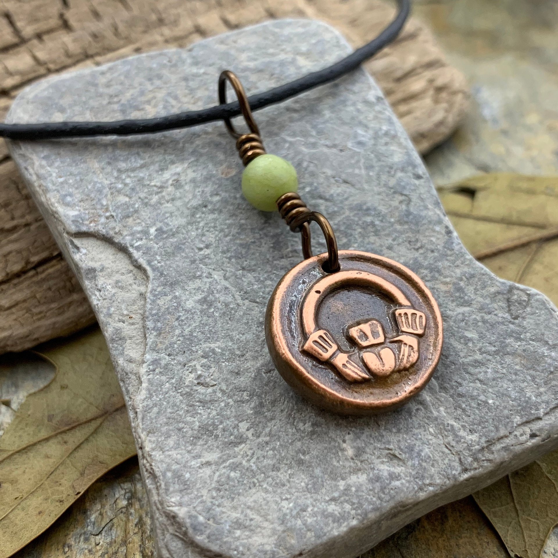 Claddagh Irish Charm, Copper Wax Seal Necklace, Connemara Marble, Irish Celtic Jewelry, Love Loyalty Friendship, Symbols of Ireland