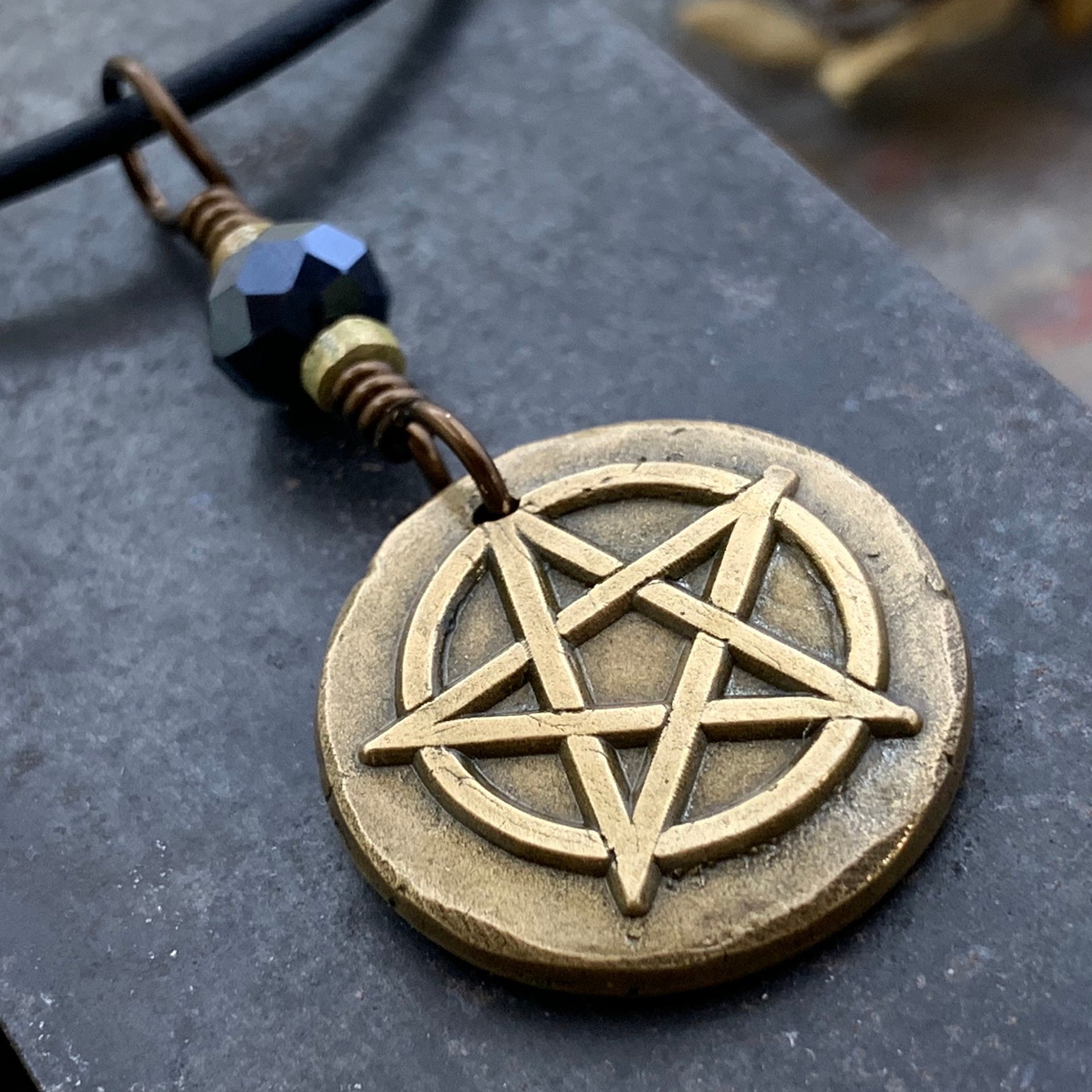 Pentagram Bronze Charm, Pentacle Pendant, Black Crystal Bead, Leather & Vegan Cords, Pagan Wicca, 5 Elements Star, Handmade, Witchy Things