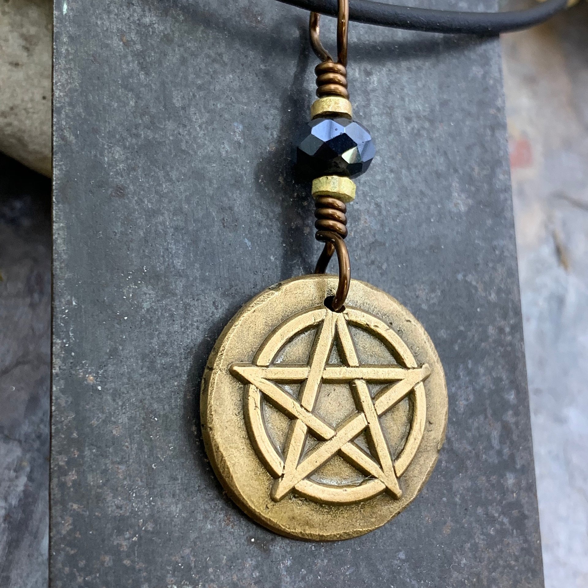 Pentagram Bronze Charm, Pentacle Pendant, Black Crystal Bead, Leather & Vegan Cords, Pagan Wicca, 5 Elements Star, Handmade, Witchy Things